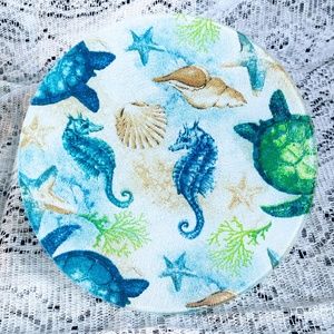 Hand Crafted Fabric Decoupage Glass Trivet/Cutting Board 8" Round/Ocean Life